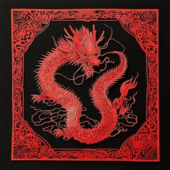 Beautiful symmetrical Chinese Zodiac Dragon red paper cut art with gold foil details placed on black background, traditional folk art, holiday celebration, Chinese New Year decoration theme.
