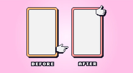 Before and after pixel game template. Rectangle frames for photo comparison. Competition layout borders with vibrant y2k 90s decoration. Empty vs challenge. Vector background illustration.