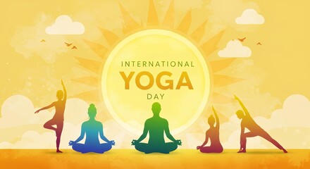 International yoga day celebrated with people in various yoga poses against a bright sun and sky