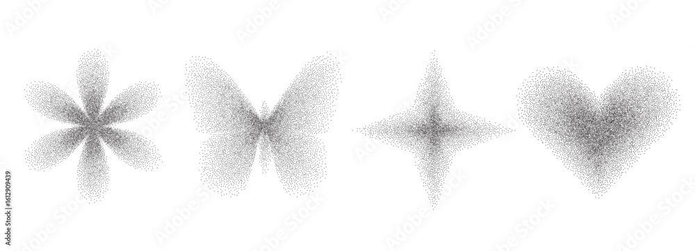 Poster geometric simple figures with grain noise gradient. y2k retro stippling forms set. butterfly, flower