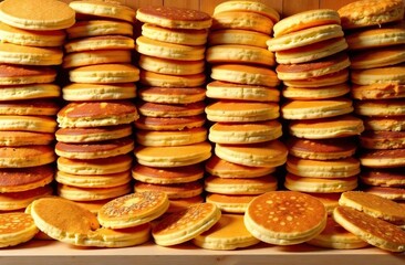 Background completely filled Pancakes. Handmade bakery. A lot of Pancakes backdrop. 