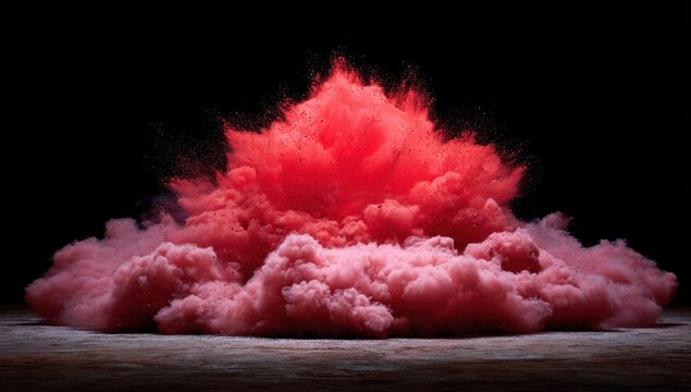 Crimson explosion A vibrant cloud of pinkish-red powder bursts forth, contrasted against a dark background and rustic surface. Texture and motion create a dynamic visual effect - Powered by Adobe