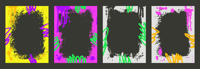Grunge halftone frame for photo templates with arrow. Graffiti spray art layout backgrounds set en neon colors. Borders with airbrush paint lines. Retro posters overlay. Vector hip hop wall cadre.