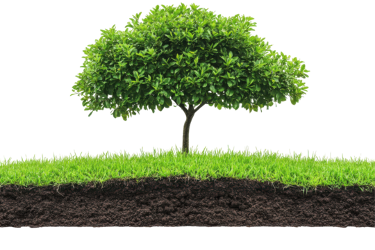 Green tree growing in soil with grass isolated on transparent background. Green tree sits atop fertile soil surrounded by lush grass isolated on white background.