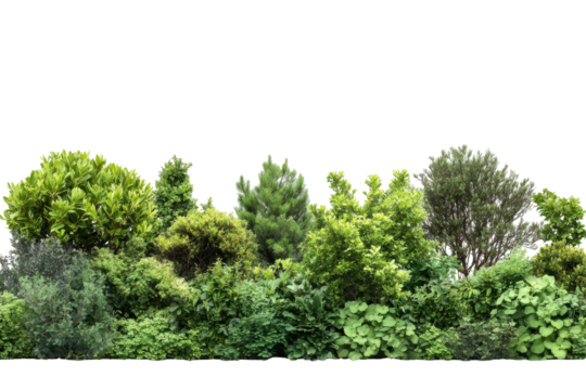 Diverse green forest trees isolated on transparent background. Green trees and vibrant shrubs form a natural landscape barrier isolated on white background.