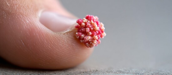 A finger holds a cluster of small, vibrant, pink and off-white, granular beads, on a neutral background