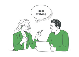 Minimal business icon of team collaboration, showing creative exchange and evolving ideas through expressive gestures and dialogue.