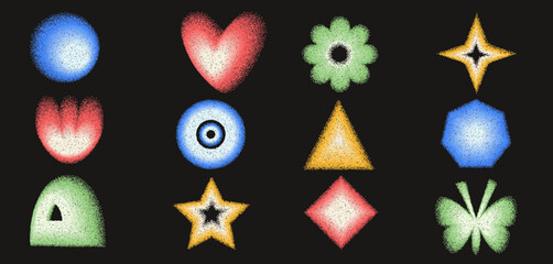 Neon noise gradient geometric shapes set. Y2k retro grain heart, butterfly and circle with flower. Colorful bright gradation star, crown on dark background. Trendy textured forms. Vector illustration.