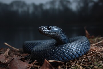 Obraz premium Eastern indigo snake coiled in natural habitat at dusk near riverbank showcasing glossy scales and vibrant coloration