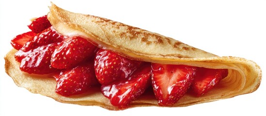 A folded crepe filled with fresh strawberries and red sauce, isolated on white