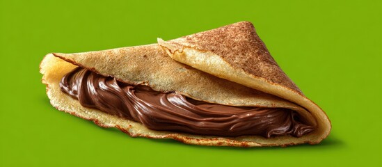 A folded crepe filled with rich chocolate cream, on a green background
