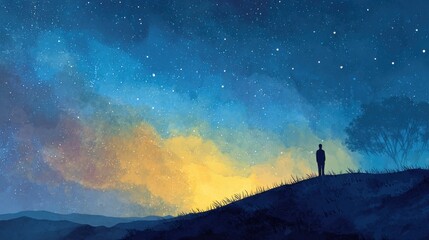 A person stands on a hilltop, gazing at a vast, starlit sky during dusk. Vibrant colors blend as day transitions to night, creating a serene atmosphere.