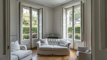 Elegant living room with ornate sofa and large windows overlooking a garden