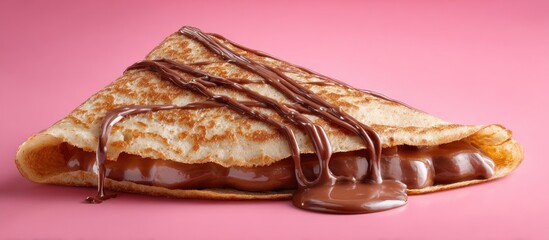 A folded pancake with a chocolate filling, drizzled with chocolate sauce, on a pink backdrop