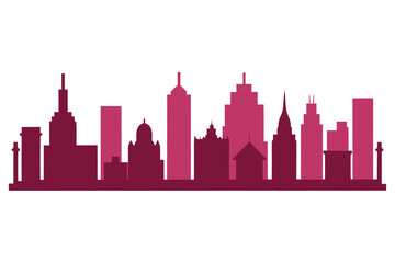 Obraz premium Modern city skyline silhouette with pink and burgundy buildings