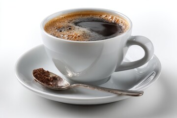Obraz premium Realistic depiction of a coffee cup with saucer and a spoonful of sugar on a white background