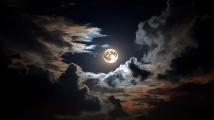 Keuken achterwand Volle maan A full moon shines brightly through dramatic, layered clouds during a nocturnal sky  © rich