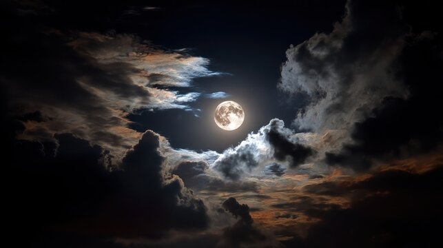 A full moon shines brightly through dramatic, layered clouds during a nocturnal sky