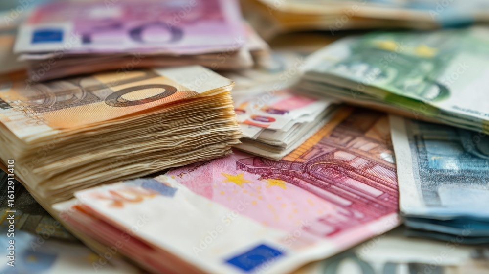 Poster mixed denominations of euro banknotes are neatly stacked on a table, displaying intricate designs an
