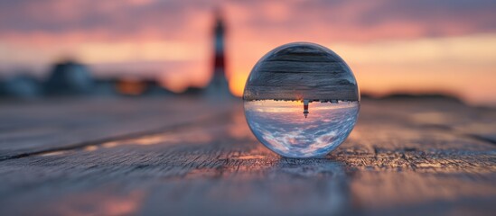 A glass sphere refracts a sunset scene featuring a lighthouse and the sky