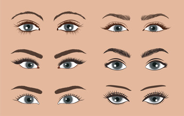 Naklejka premium collection of different women eyes with makeup variations vector illustration