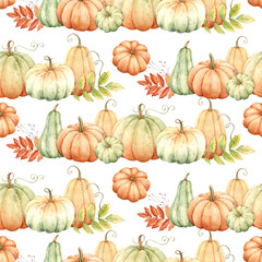 Fall floral pattern with pumpkins. Watercolor Hand drawn seamless pattern for Thanksgiving and Halloween.