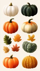 Colorful assortment of decorative pumpkins and autumn leaves in a soft, warm illustration for seasonal decor