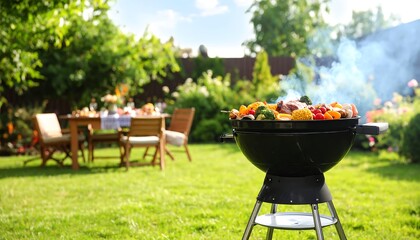 A backyard barbecue with a grill in the foreground, food cooking, and a table set for a meal in the background