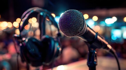 A close-up view features a microphone beside headphones, set against a blurred background of lights, indicating a lively musical event taking place at night.