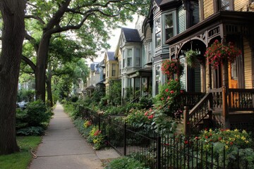 Fototapeta premium Chicago Homes: Beautiful Row of Houses on Sidewalk in North Center Residential Block