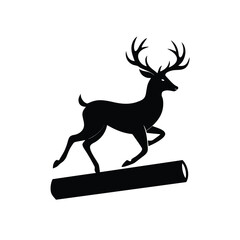 Elegant silhouette of a deer leaping gracefully over a fallen log against a clean white background