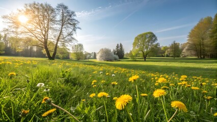 Dandelion Meadow in Verdant Green Field with Sunlight and Deciduous Trees in Early Spring