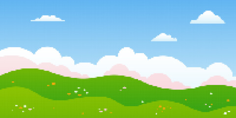 Fototapeta premium Cute summer landscape in pixel art style. Green flat scenery with cloud sky, meadow and flowers.