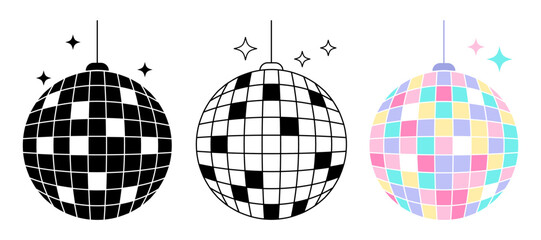 Disco ball icon set. Outline, black and color symbols