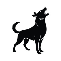 Dynamic silhouette of a dog barking upwards against a clean white background