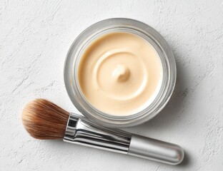 Face cream in clear jar with a brush