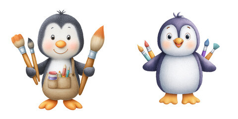 Animal Back to School watercolor concept. Two creative penguins holding paintbrushes and art supplies.