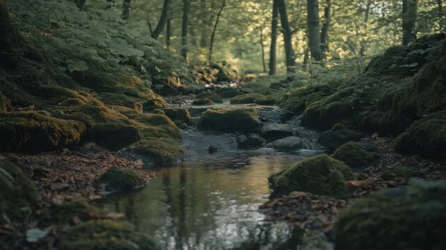 Explore a serene forest setting featuring gentle streams and vibrant moss. This footage captures the essence of tranquility and nature. Generative AI