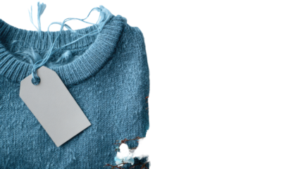 A close-up of a distressed, light teal-blue sweater with a blank price tag.  The sweater has a slightly worn, distressed appearance, with loose threads and a hole near the hem