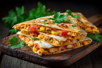 Chicken Quesadilla. Delicious, Crispy Mexican Quesadilla with Cheese and Coloful Ingredients
