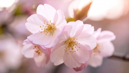 Fototapeta premium Spring Blossoms: A cluster of delicate cherry blossoms bursts into full bloom, their soft pink petals gracefully unfurling towards the sunlight in this intimate floral close-up. 
