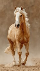 Obraz premium Majestic golden horse running gracefully through sandy backdrop under warm sunlight