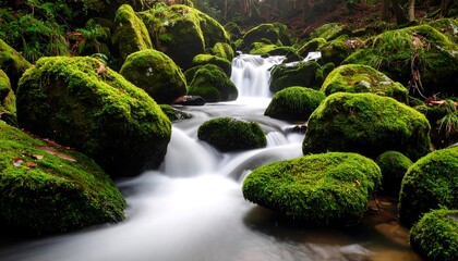 Serene Forest Stream MossCovered Rocks with Cascading Water, and Natures Tranquility.