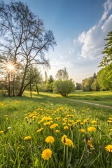 Vibrant Dandelions Blooming in a Meadow at Sunset with Bare Tree Silhouettes and Golden Sun Rays