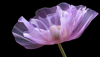 A luminous, pastel purple flower with delicate, translucent petals against a stark black backdrop, showcasing its intricate structure and ethereal beauty
