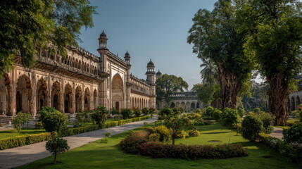 The grand Vrindavan temple is a place of devotion amidst lush greenery and serene gardens.