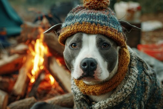 Chilly Dog Portrait: Funny Staffordshire Terrier in Lumberjack Hat Camping by Balefire in Autumn - Powered by Adobe