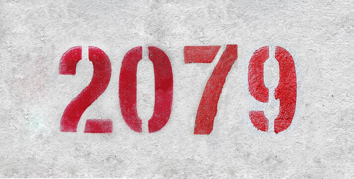 Red Number 2079 on the white wall. Spray paint.