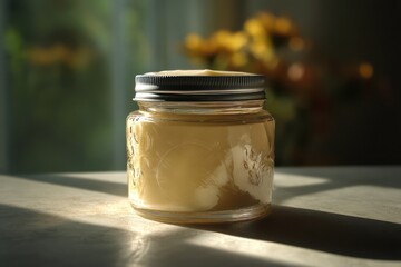 Elegant cream jar displayed with warm sunlight in a minimal studio setting for premium appeal.