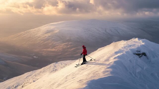 Witness an exhilarating moment as a skier navigates the snowy summit. Explore the tranquility of winter landscapes. Perfect for adventure and nature enthusiasts. Generative AI